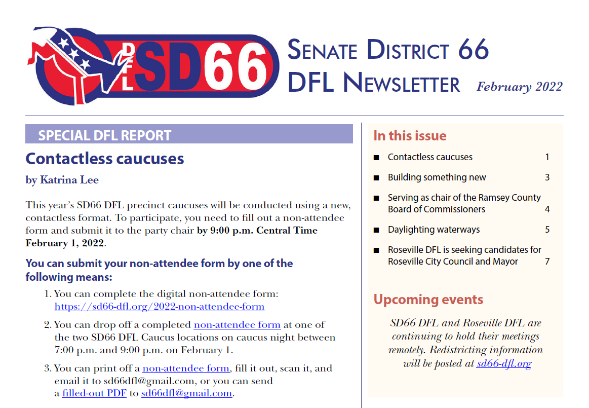 Read the February Newsletter – Senate District 66 DFL